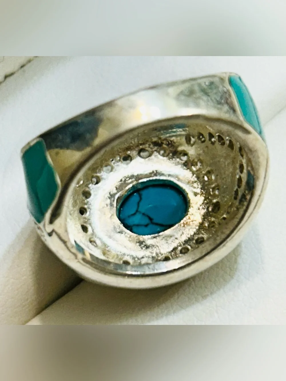 Light blue Enamel Inlay with Faux turquoise and CZ   Silver Women Ring